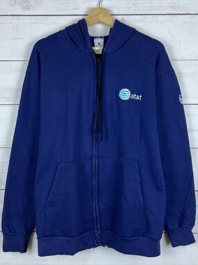 Blue AT&T Employee Full Zip Hoodie Mens Size Medium Long Sleeve Embroidered Logo